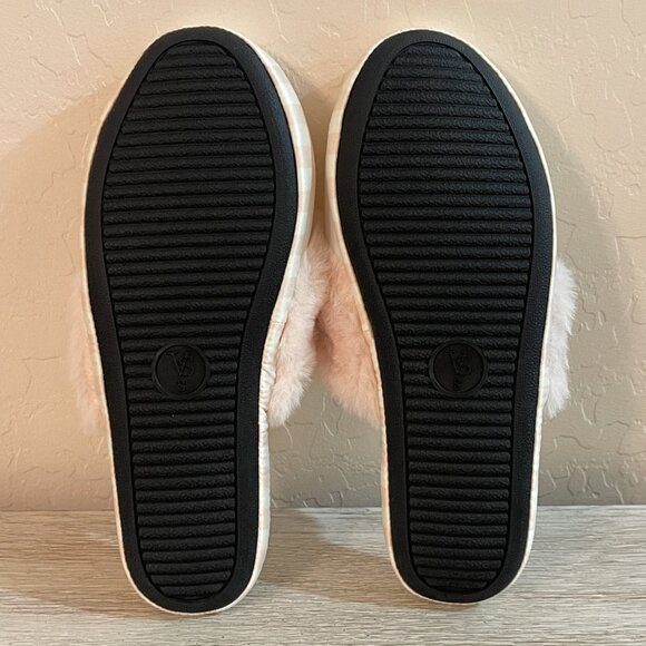 New Victoria's Secret Slippers Small 5 6 Pink White Stripe Satin Faux Fur NWT - Picture 12 of 14